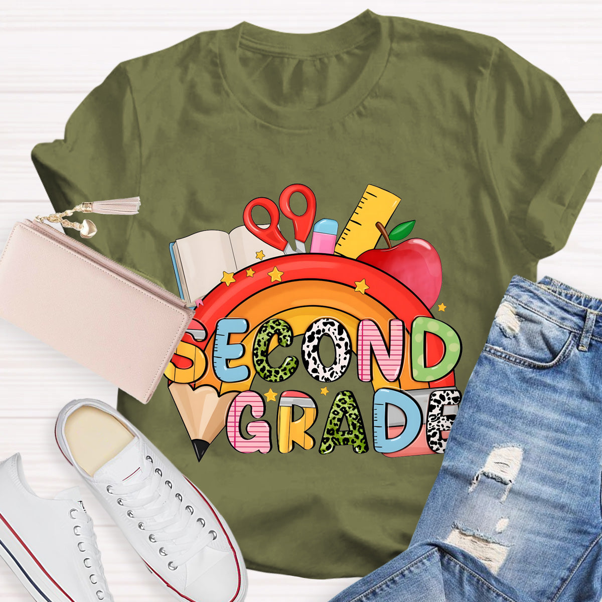 Personalized Grade Pencil Rainbow Second Grade Teacher T-Shirt