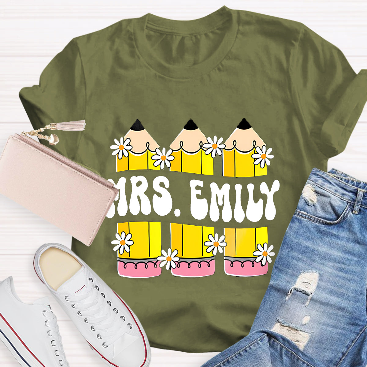 Personalized Your name Retro Teacher Pencil T-Shirt