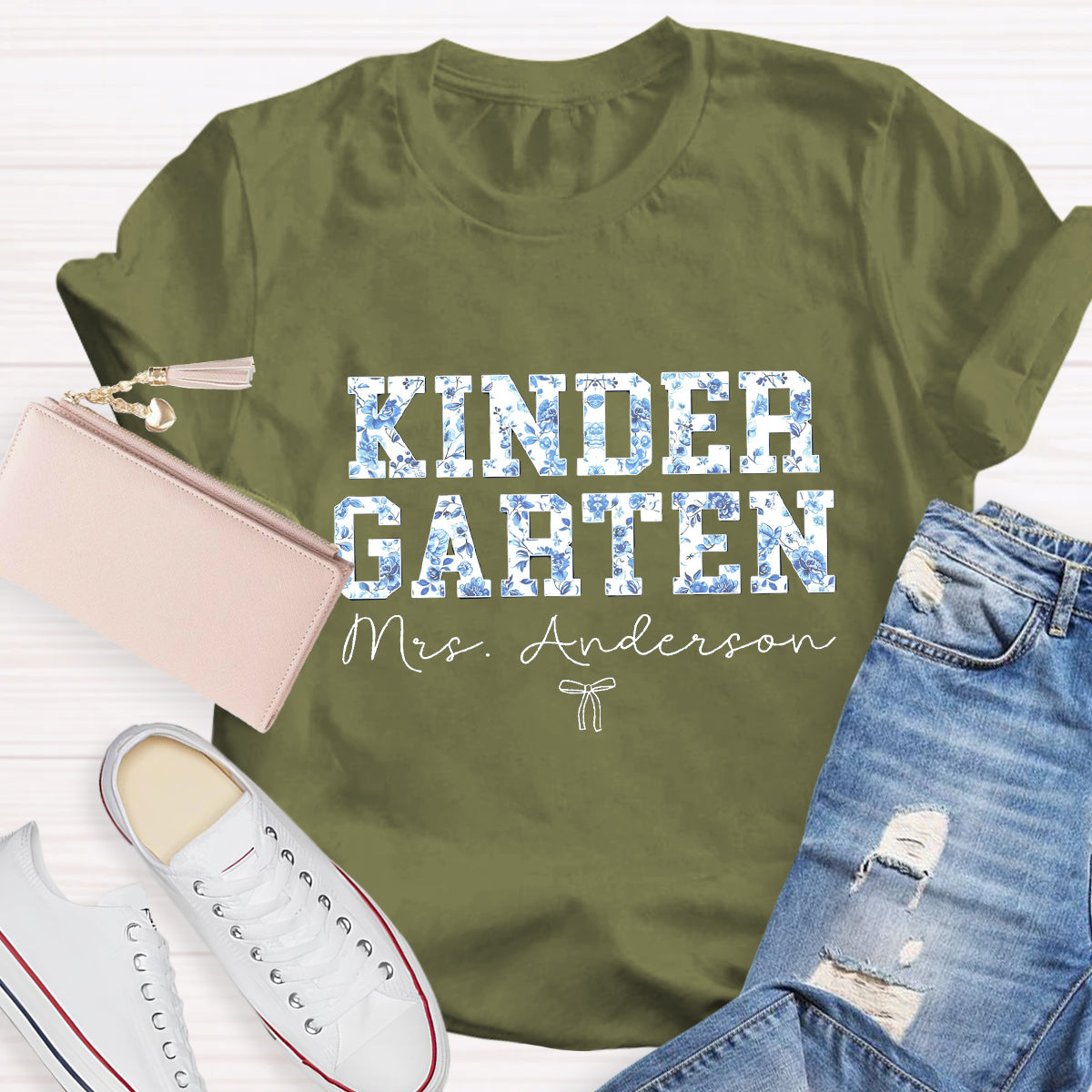 Personalized Kindergarten Teacher Name Blue Flower T-Shirt