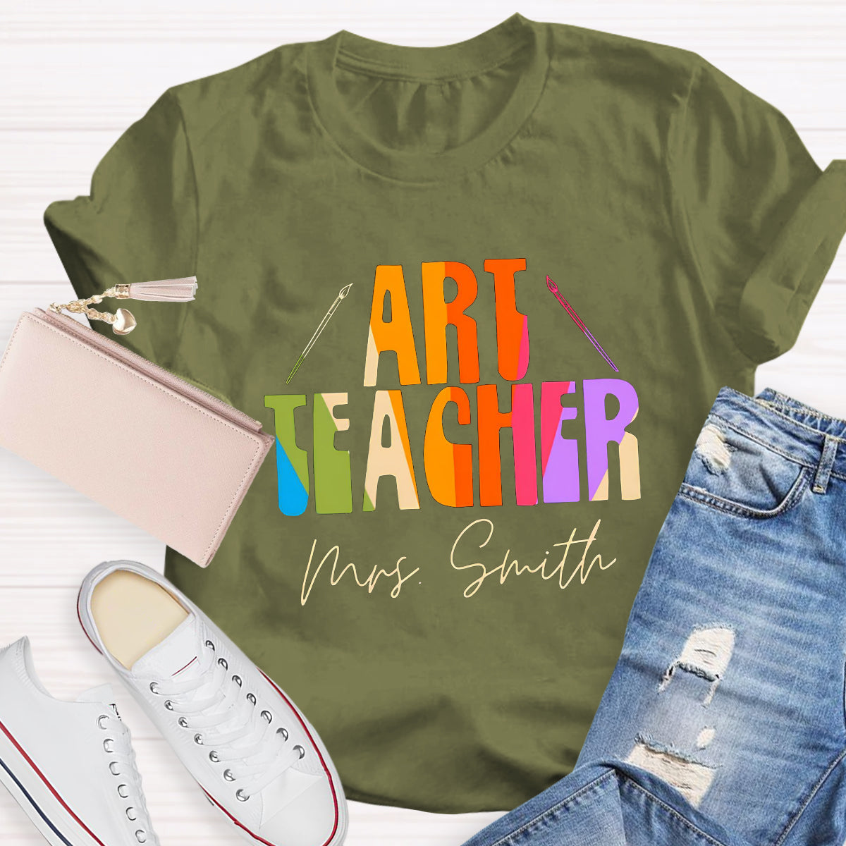 Personalized Name And Art Simple Color Teacher T-Shirt