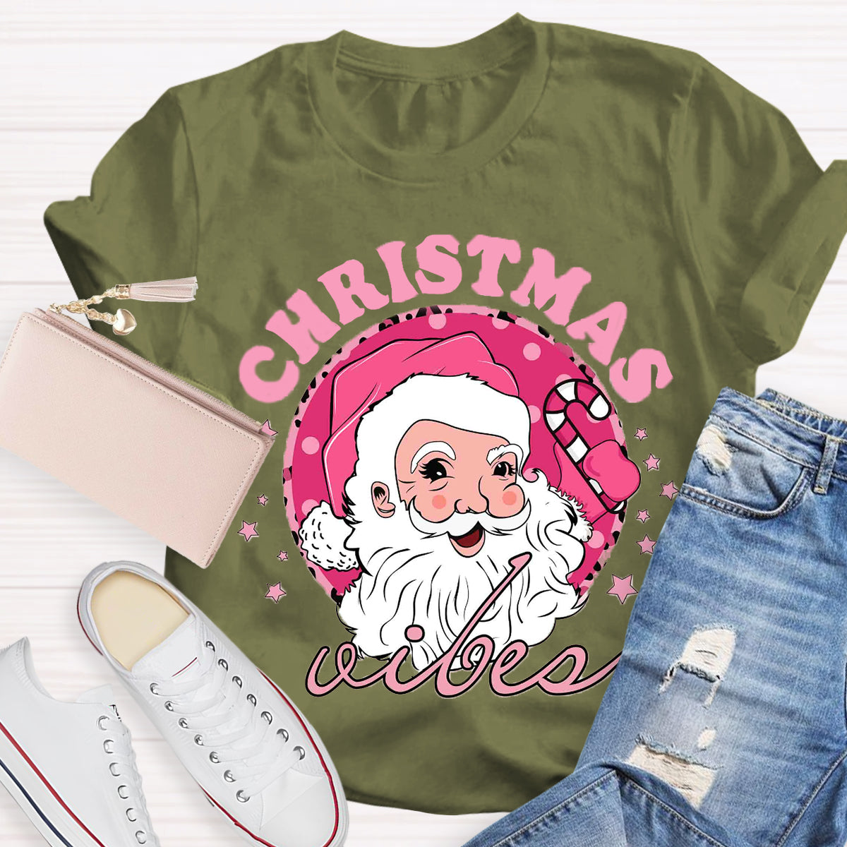 Christmas Vibes Pink Santa Claus T-Shirt