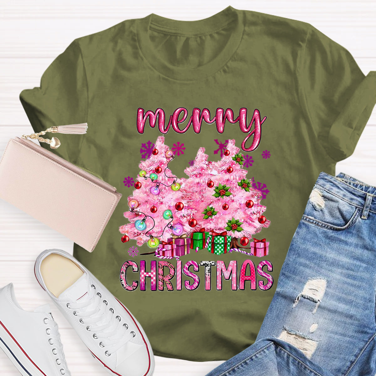 Pink Tree Christmas Teacher T-Shirt