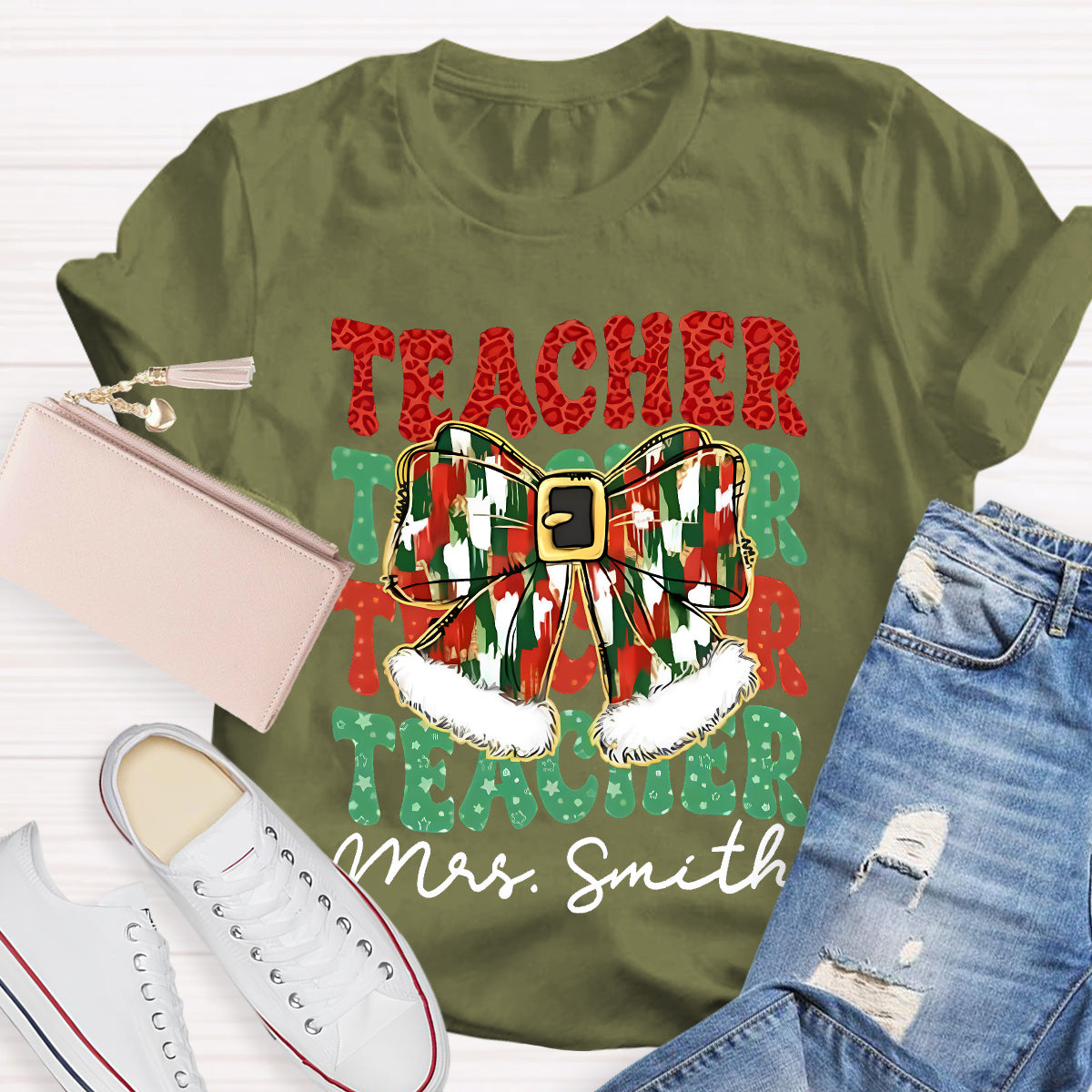 Personalized Name Bow Christmas Teacher T-Shirt