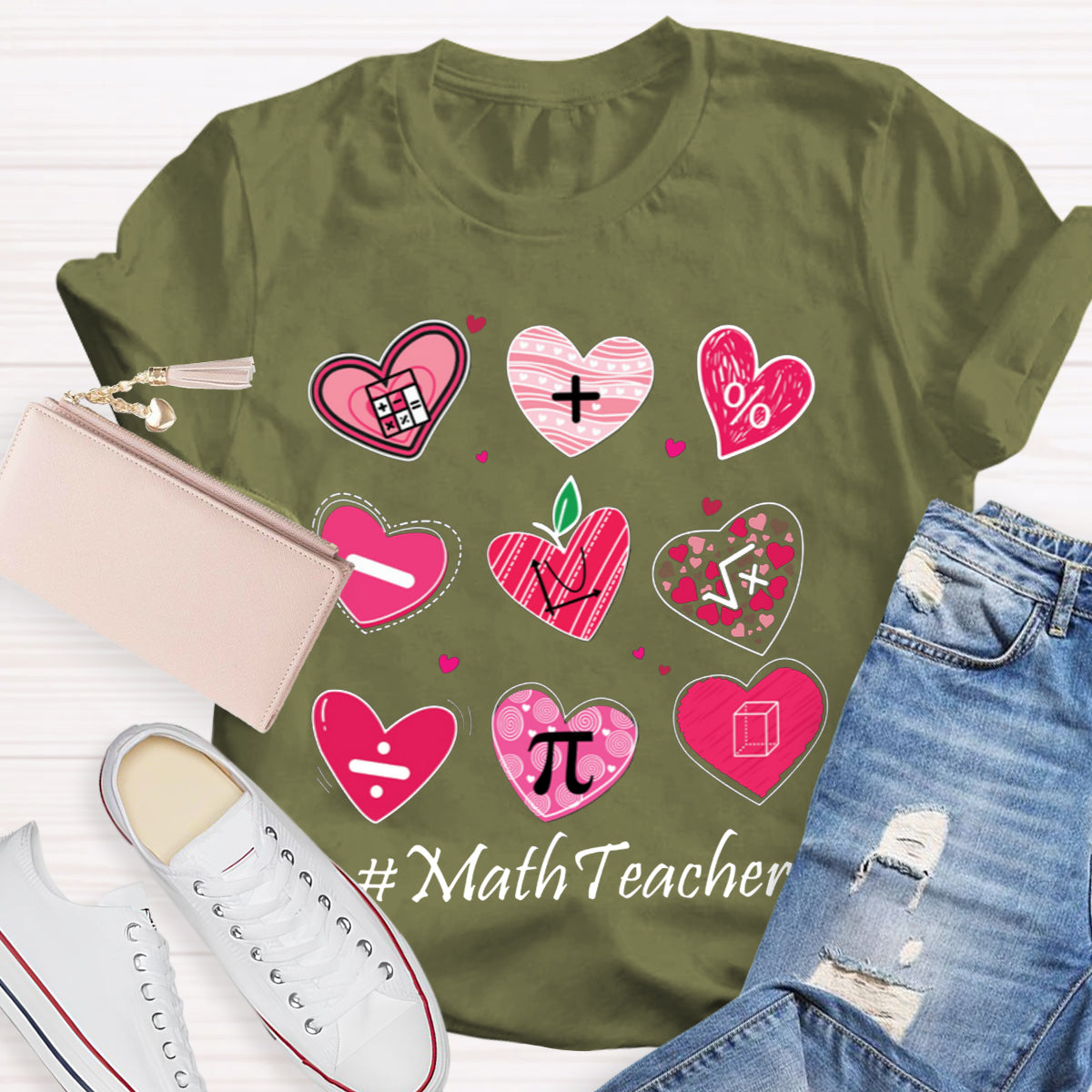 Pink Heart Math Symbols Teacher T-Shirt