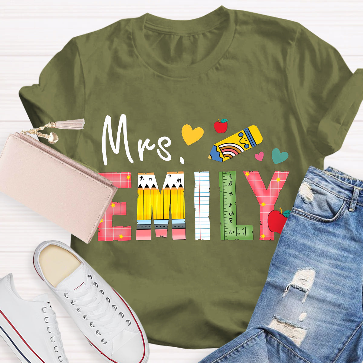 Personalized Name Apple Pencil Teacher Emily T-Shirt