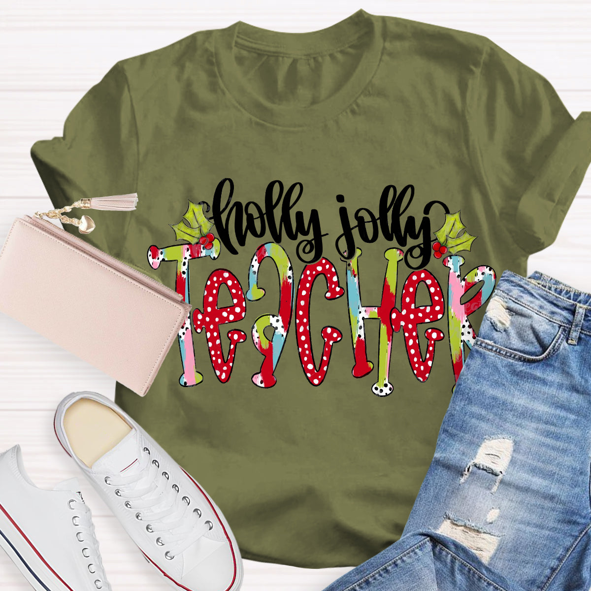 Holly Jolly Teacher Christmas Brushstrokes Dalmatian Dots Hand Lettered Teacher T-Shirt