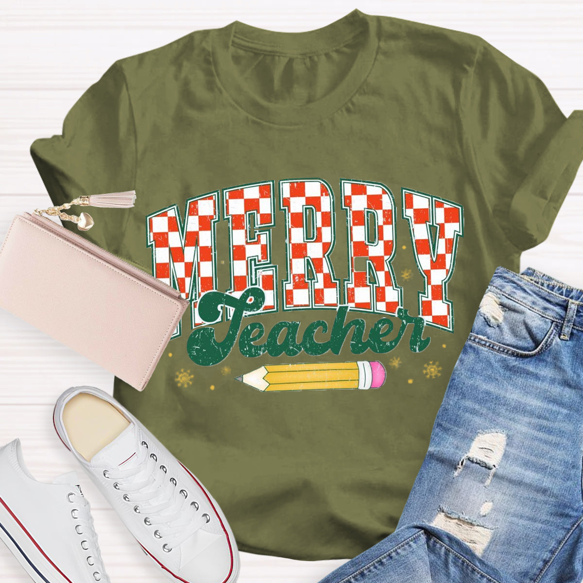 Merry Teacher Plaid Pencil T-Shirt