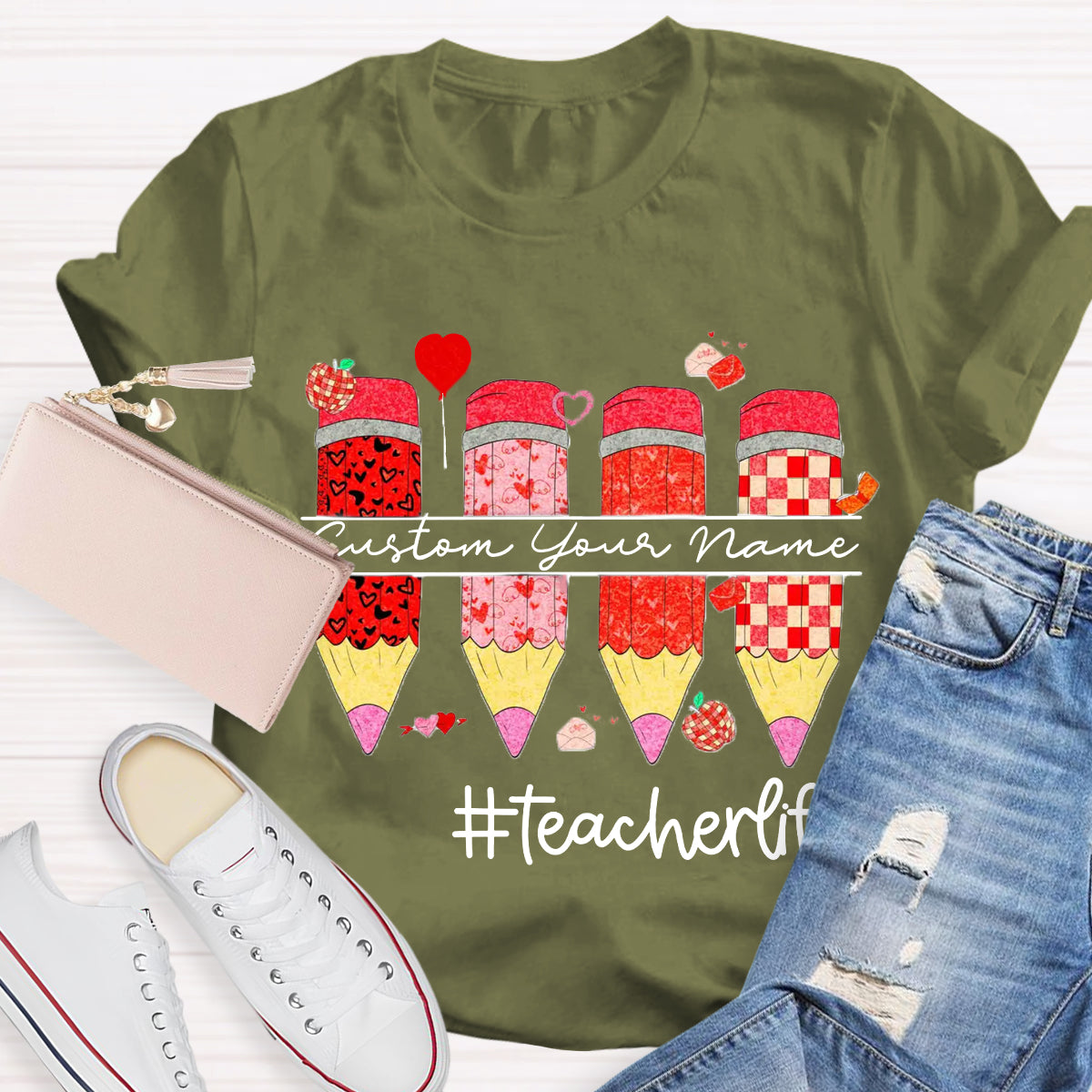 Personalized Name Red Pencil Teacher Life T-Shirt