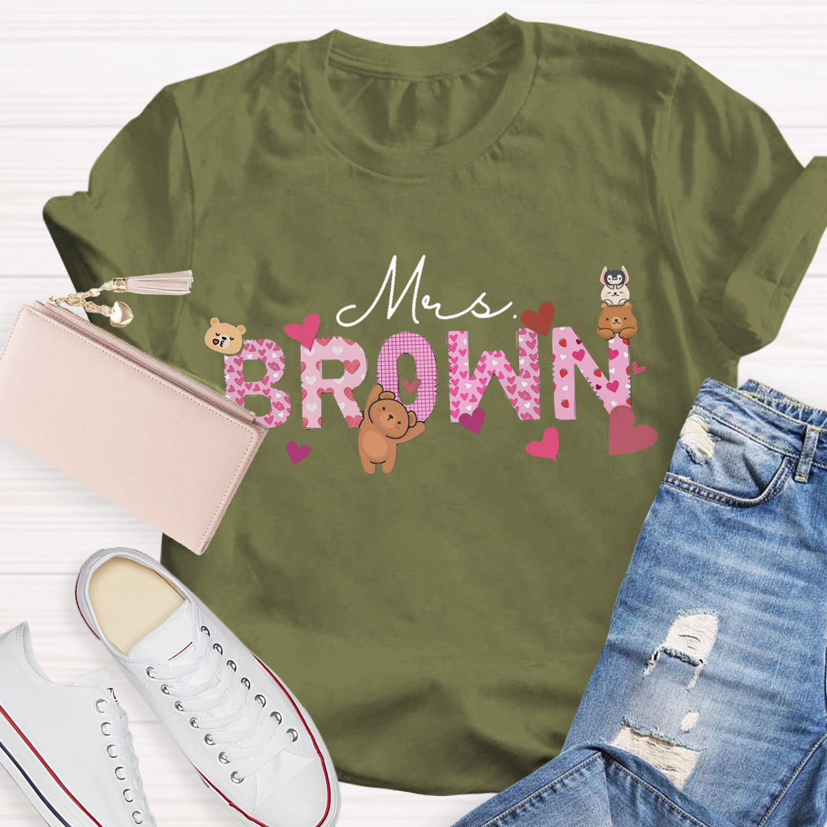 Personalized Name Pink Heart Teacher T-Shirt