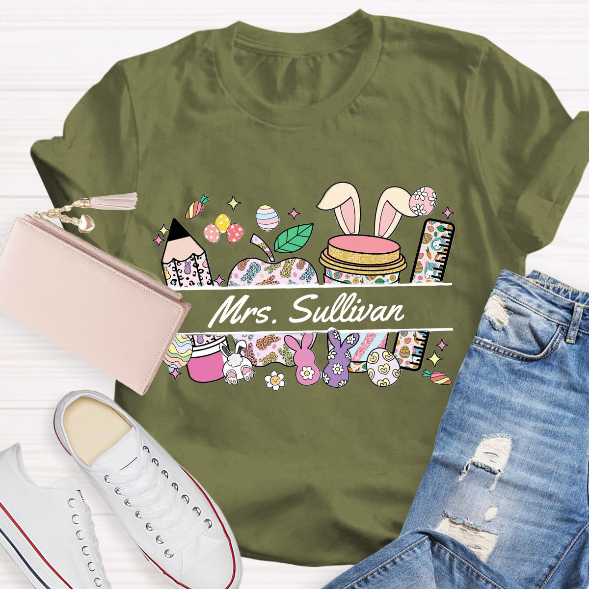 Personalized Name Easter Bunny Teacher T-Shirt