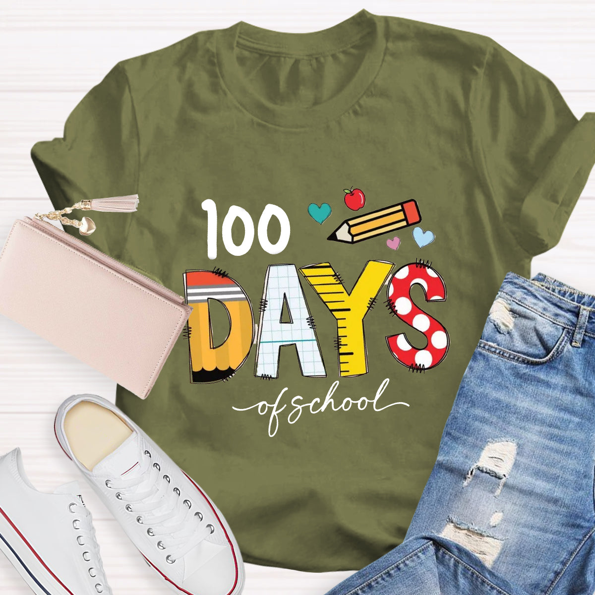 100 Days Of School Pencil Apple Teacher T-Shirt