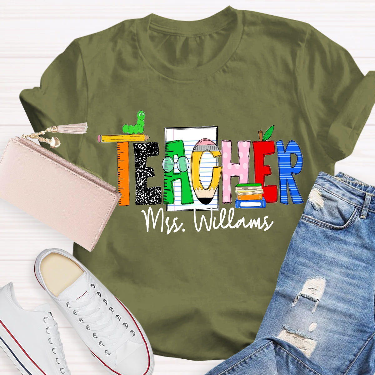 Personalized Teacher Name Caterpillar Exploring Knowledge Teacher T-Shirt