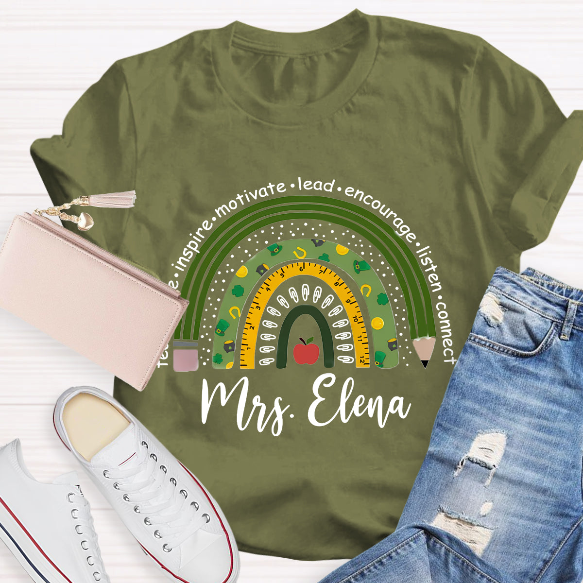 Personalized Name Green Rainbow Teach Love Inspire T-Shirt