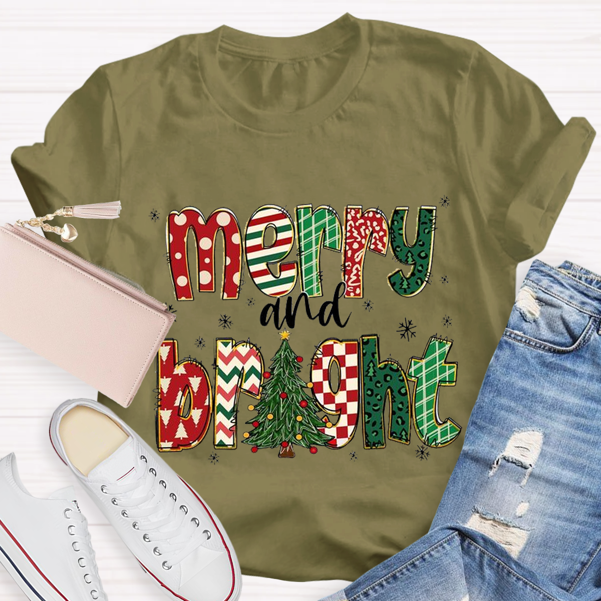 Merry and Bright Retro Christmas Tree Teacher T-Shirt