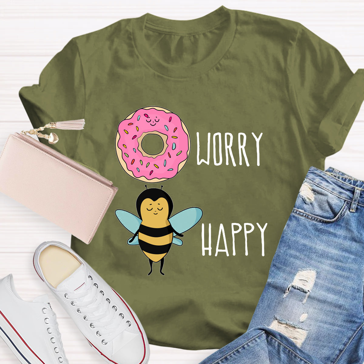 Donut Worry Bee Happy Funny T-Shirt