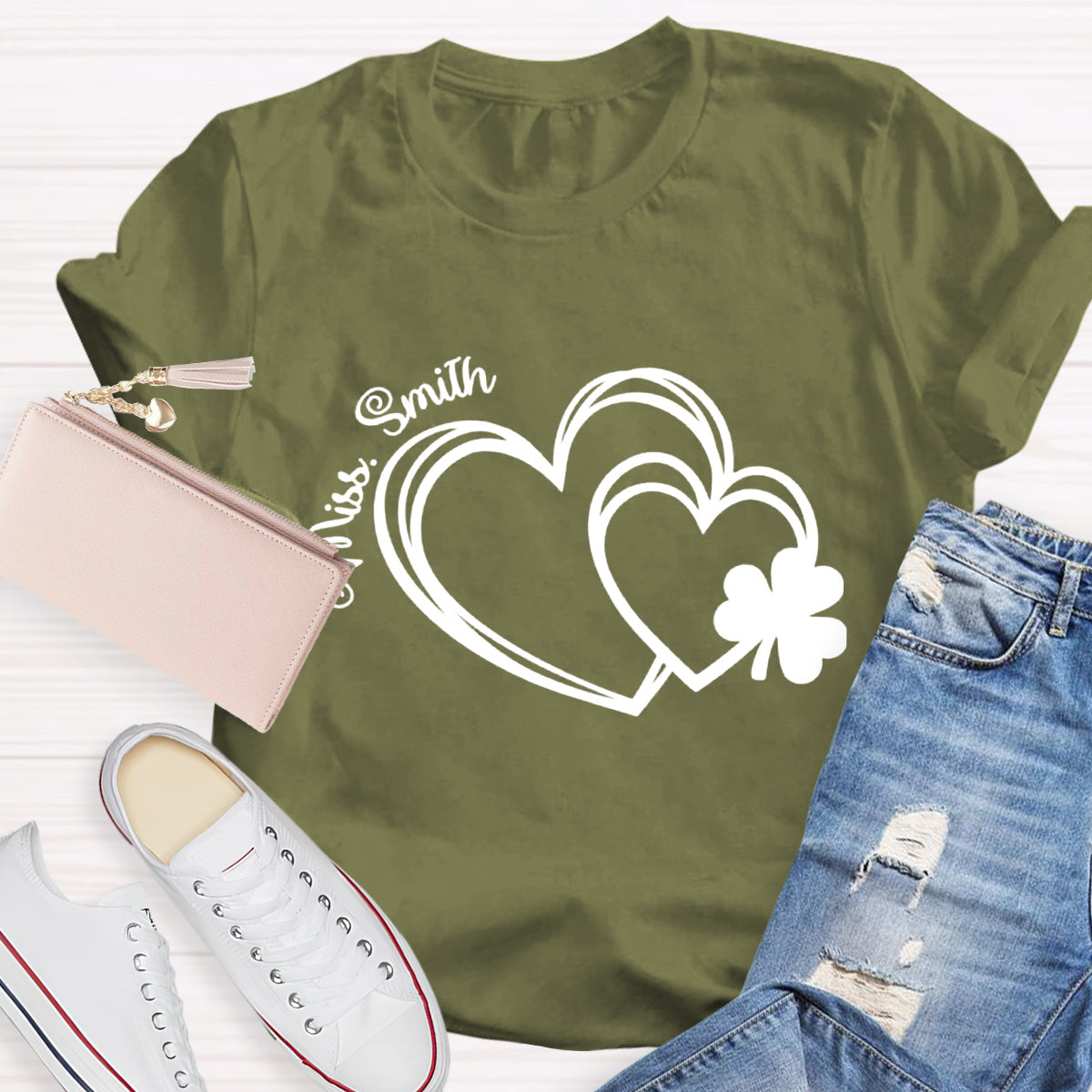 Personalized Name Heart Shamrock Teacher T-Shirt