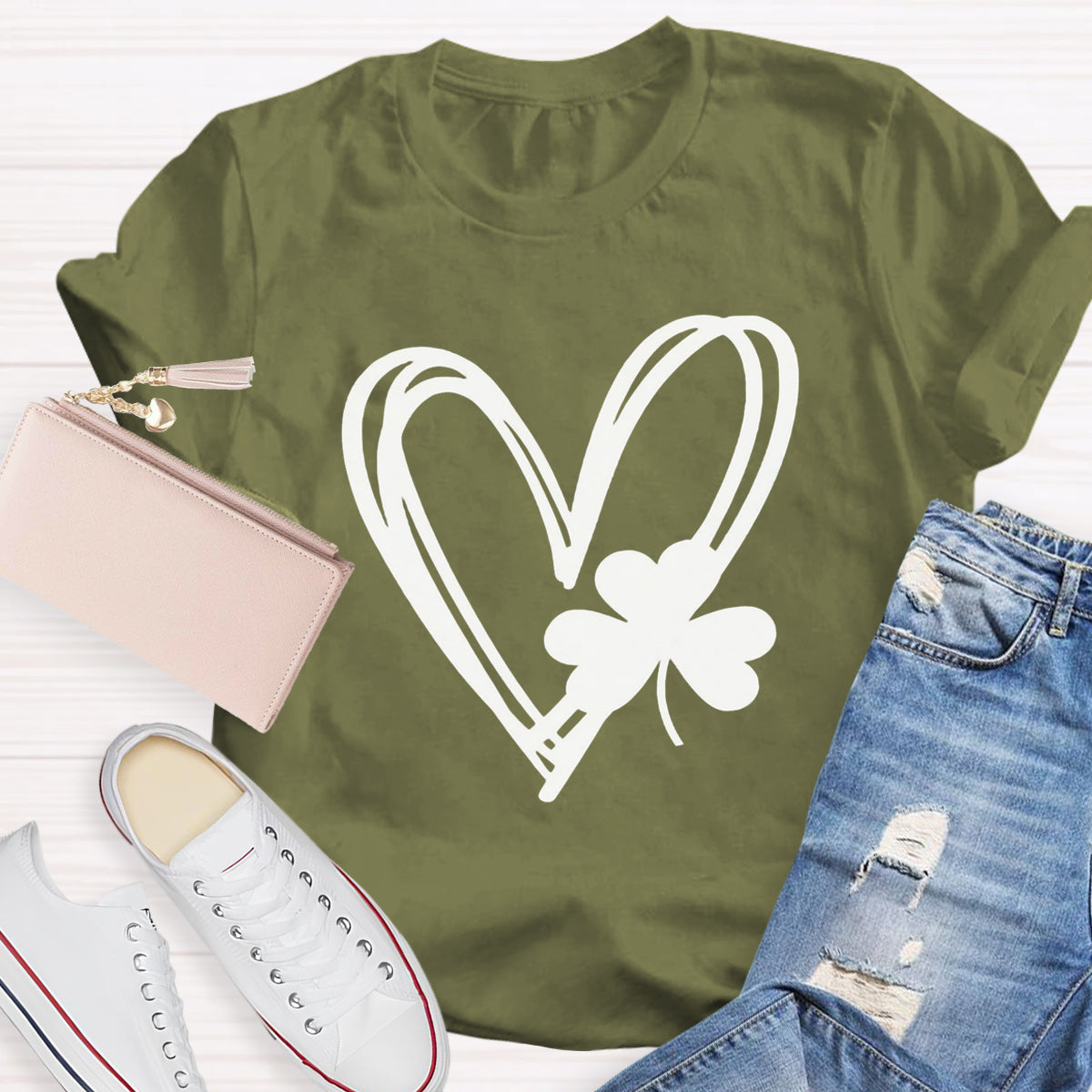 Shamrock And Hand Drawn Heart St Patty's Day T-Shirt