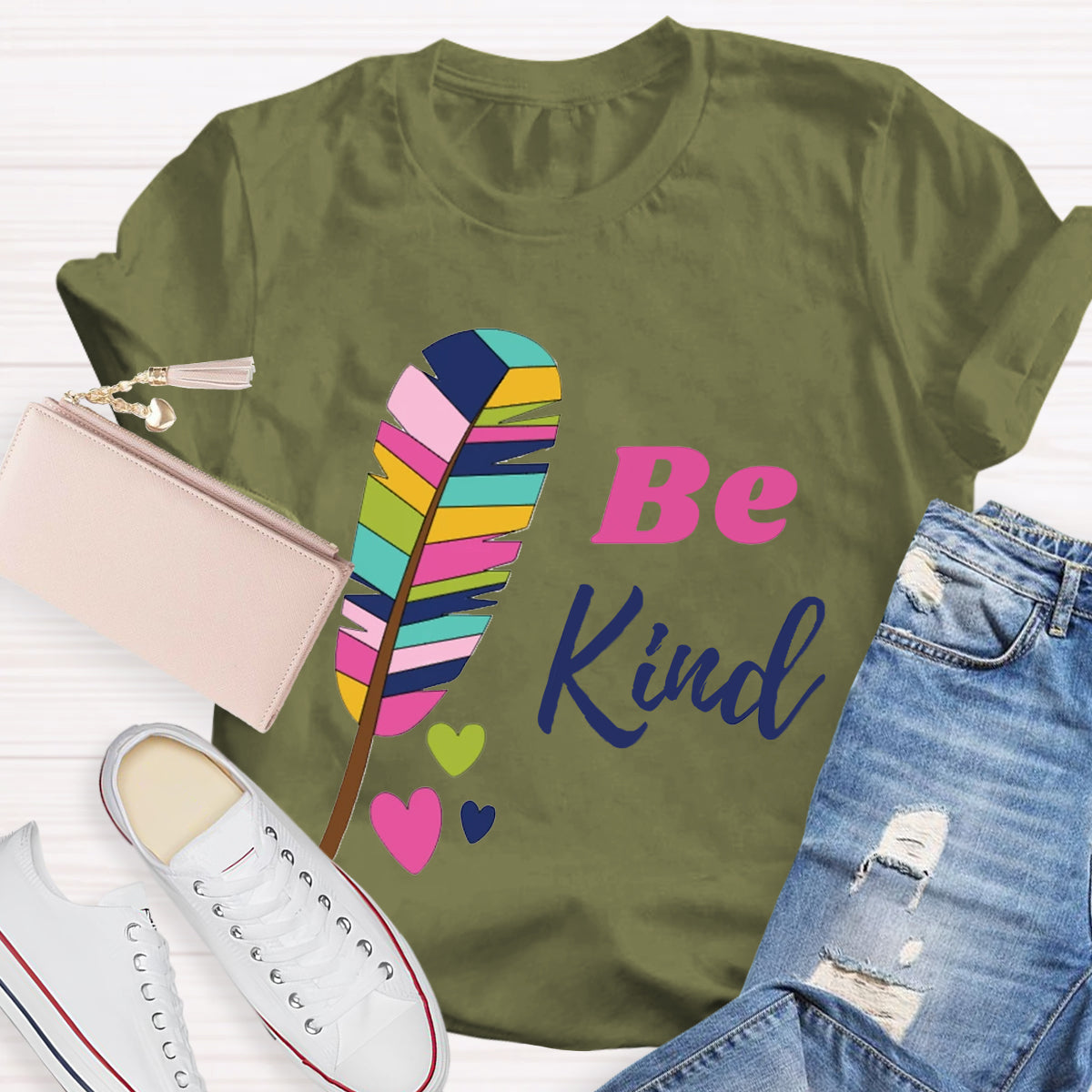 Be Kind Colorful Feather Design T-Shirt