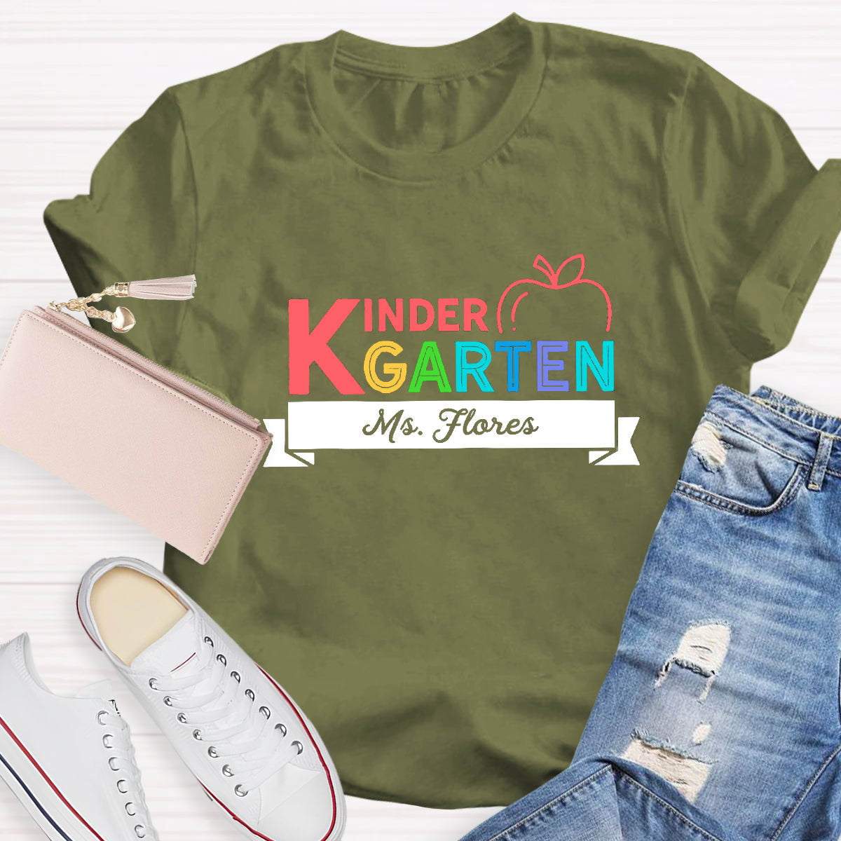 Personalized Kindergarten Teacher's Name  Apple Printed T-Shirt