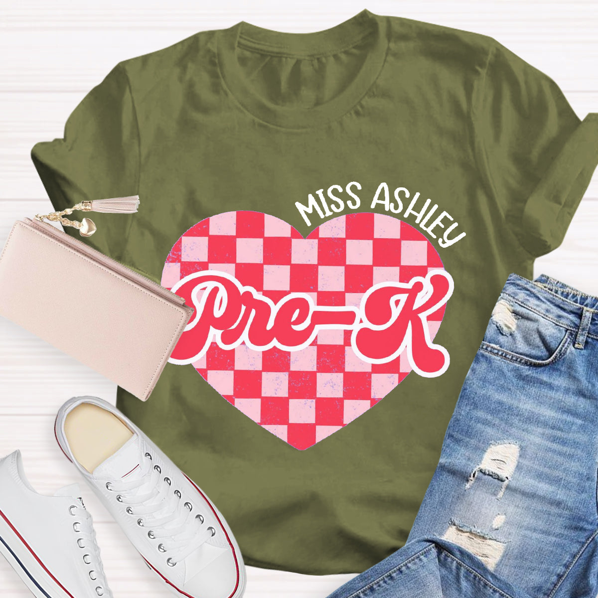 Personalized Name And Grade Pink Heart Teacher T-Shirt