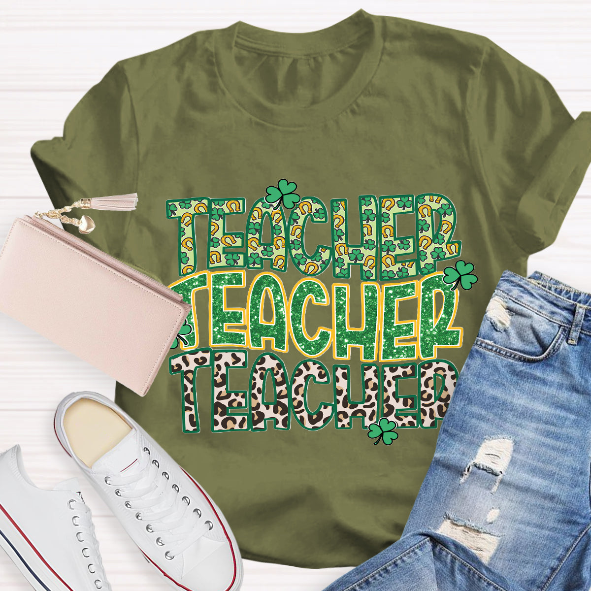 Green Clover Leopard Print Design Teacher T-Shirt