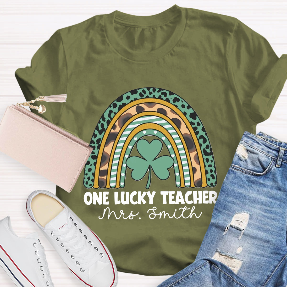 Personalized Name One Lucky Teacher Leopard Rainbow T-Shirt