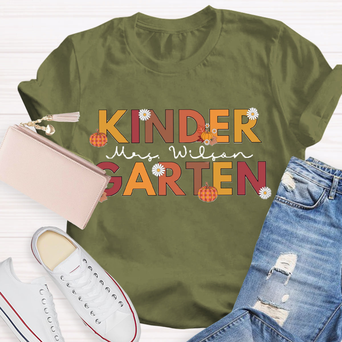 Personalized Name Fall Thanksgiving Kindergarten Teacher T-Shirt