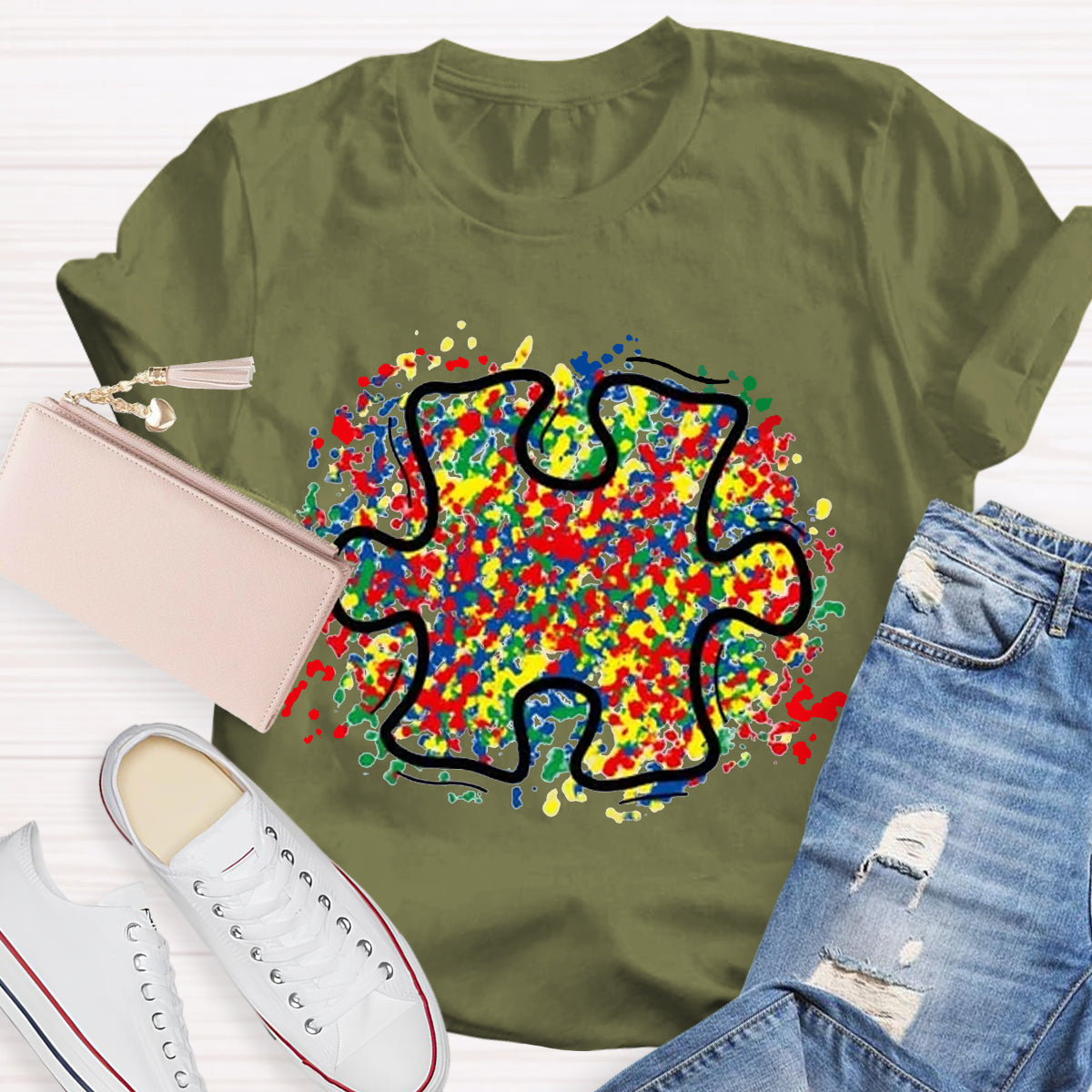 Colorful Autism Puzzle Piece Teacher T-Shirt