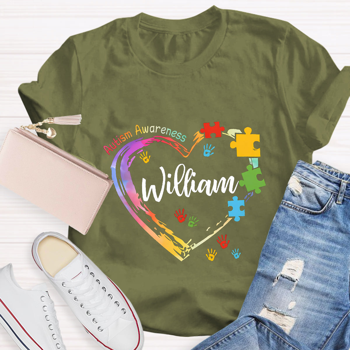 Personalized Name Autism Colorful Heart Teacher T-Shirt