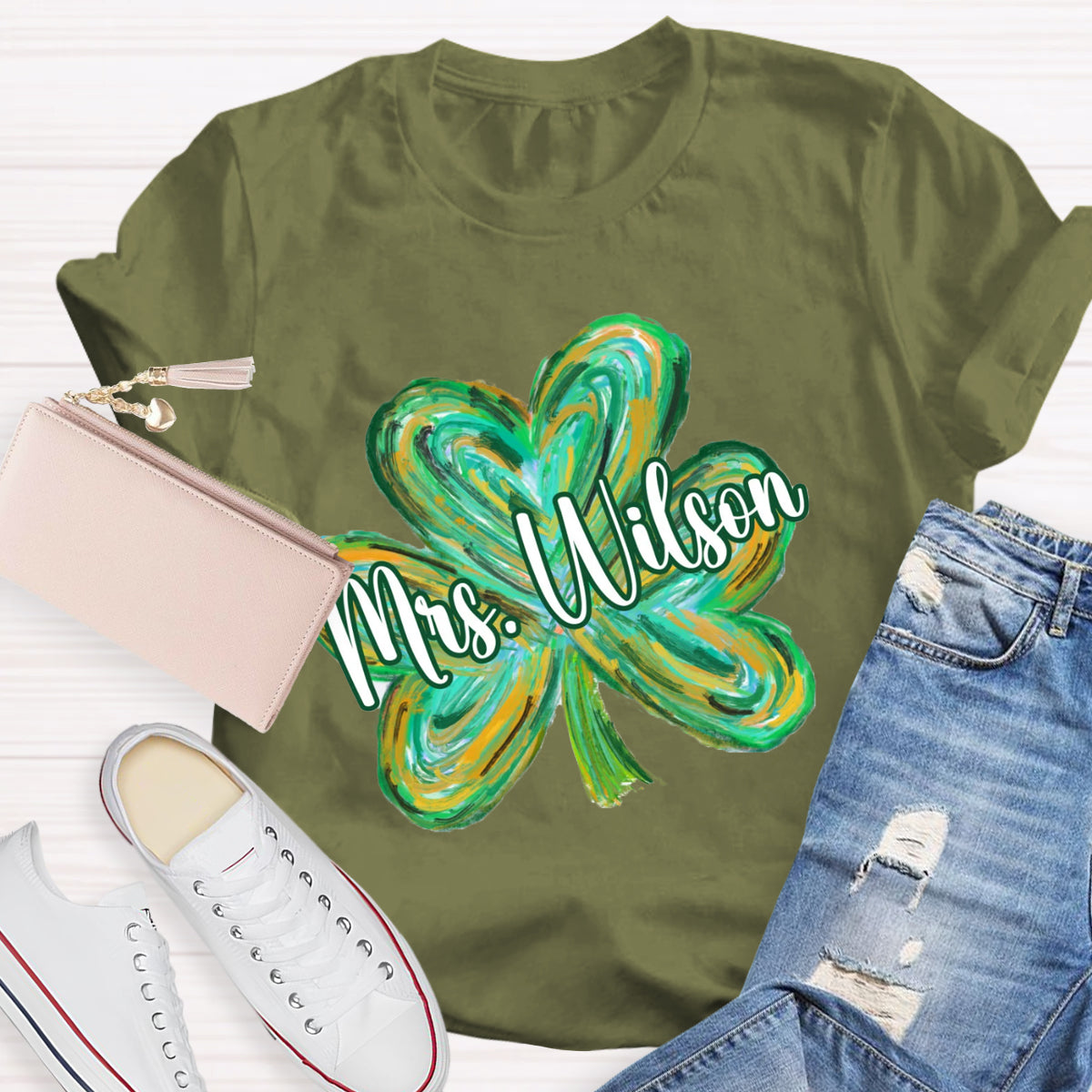 Personalized Name Colorful Shamrock Teacher T-Shirt