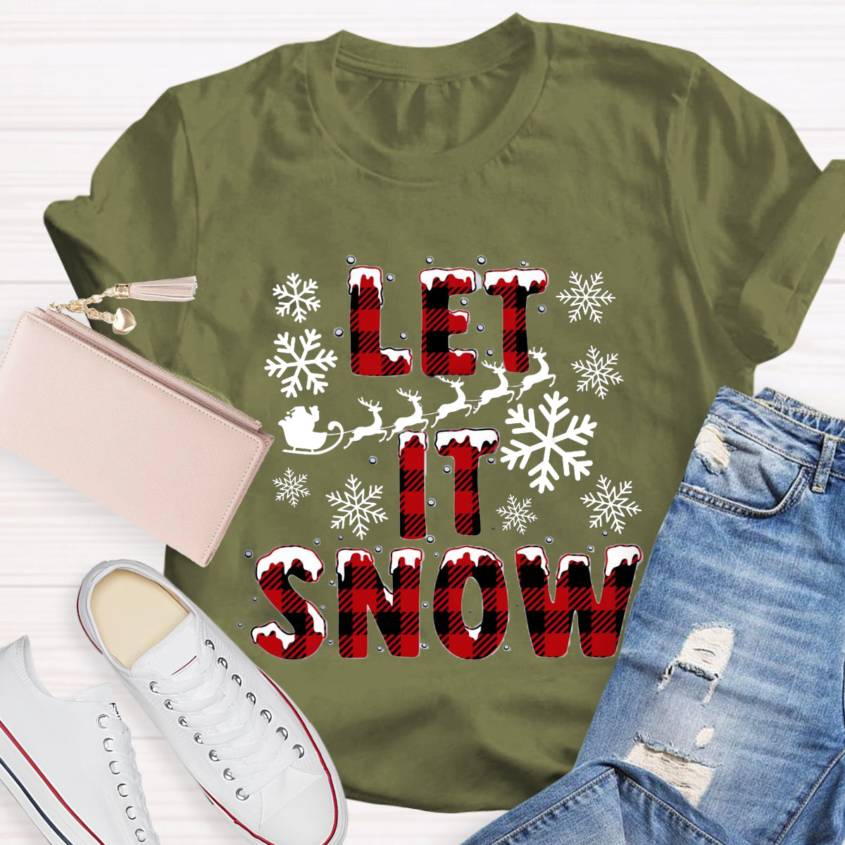 Let It Snow Red Plaid Teacher T-Shirt