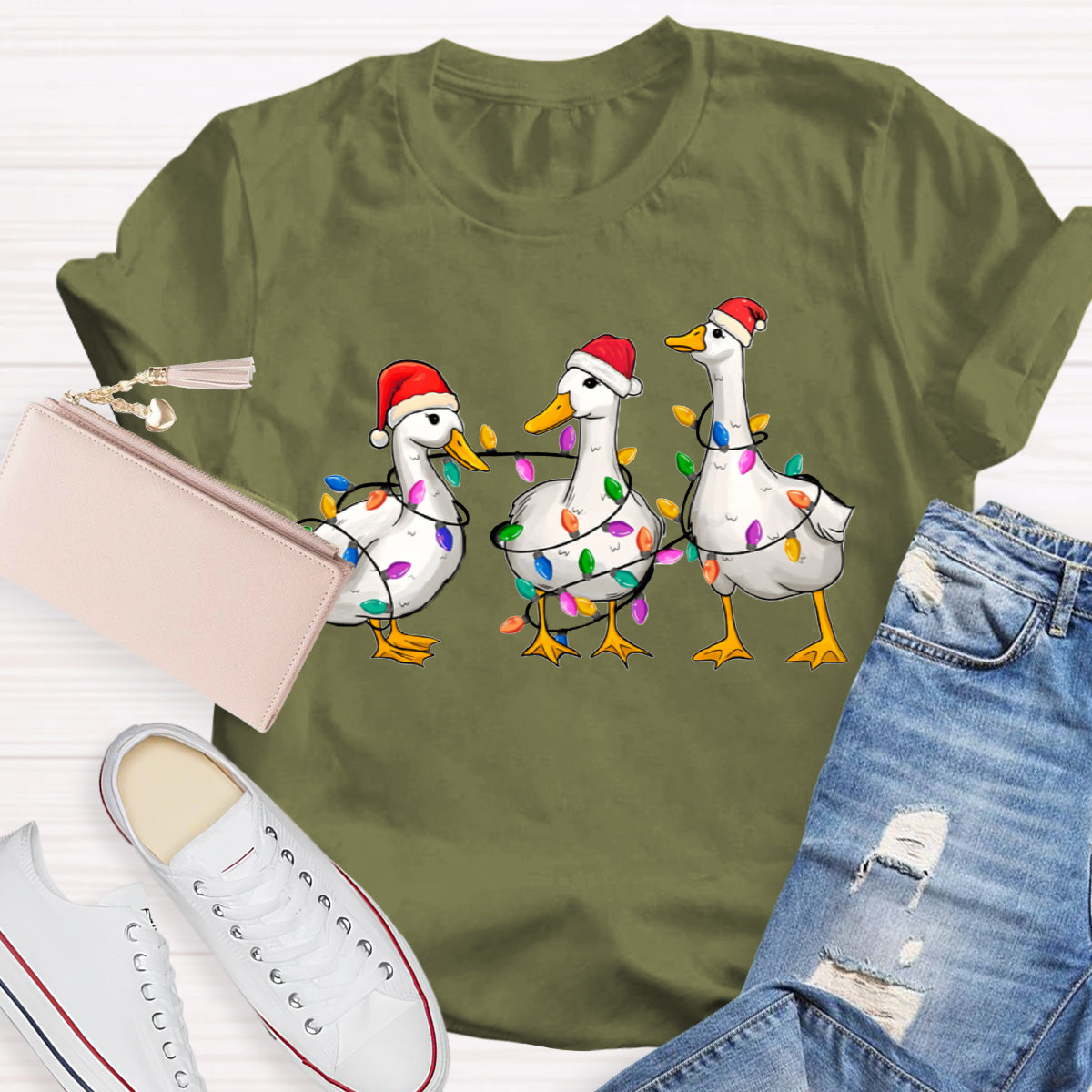 Christmas Ducks With Colorful Lights Teacher T-Shirt