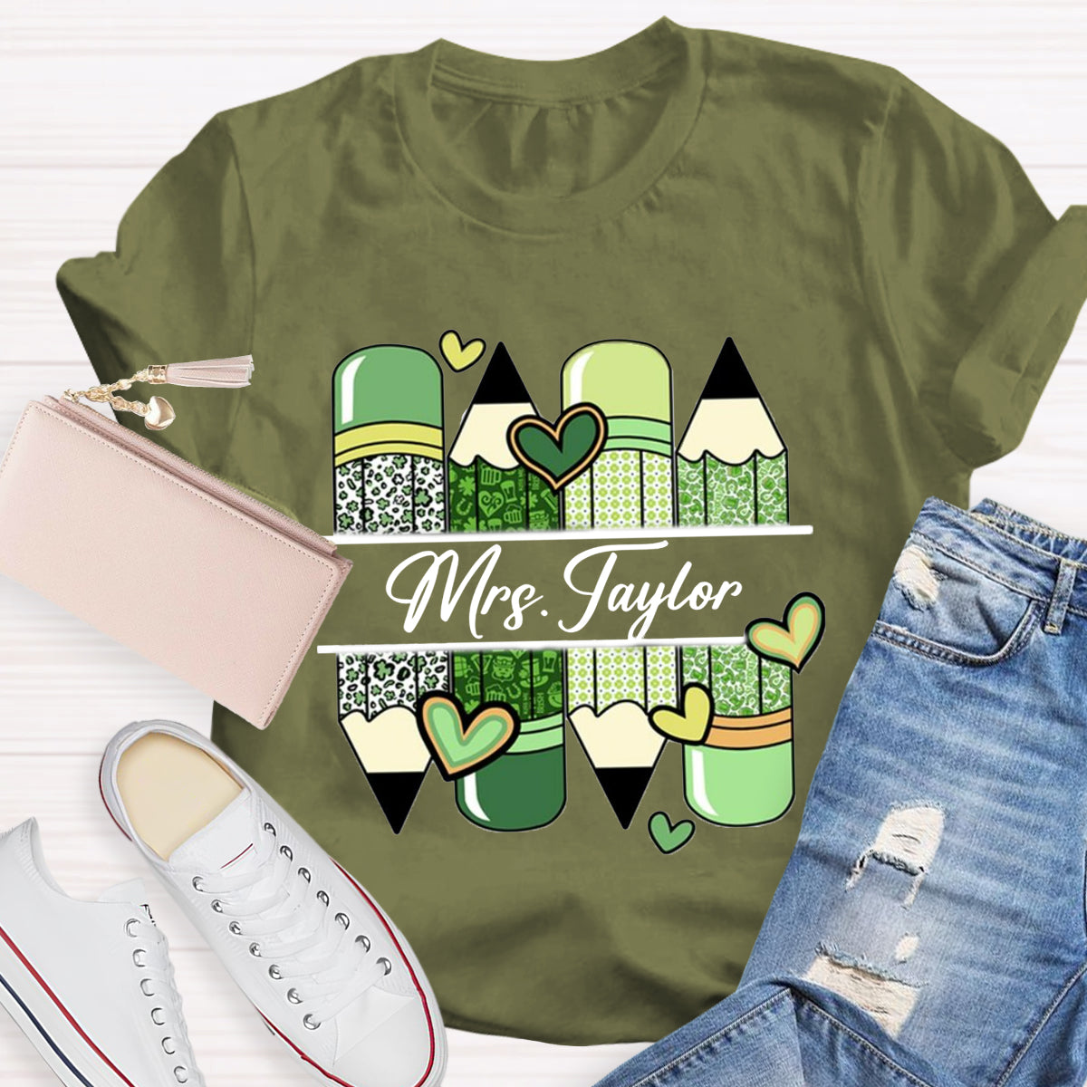 Personalized Name Green Heart Pencil Teacher T-Shirt