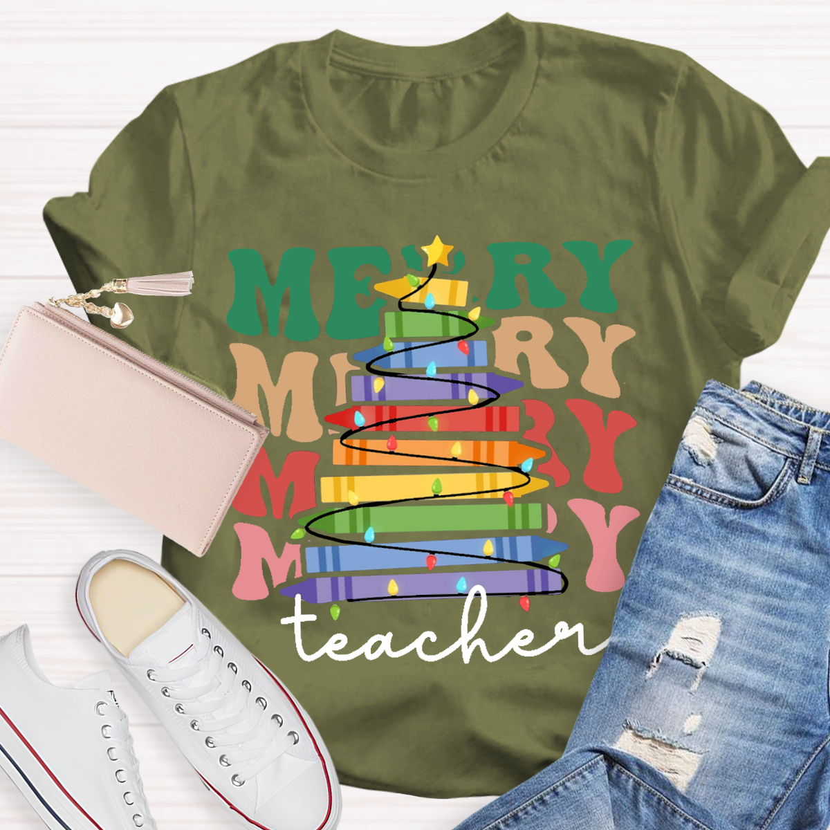 Crayon Christmas Tree Teacher T-Shirt