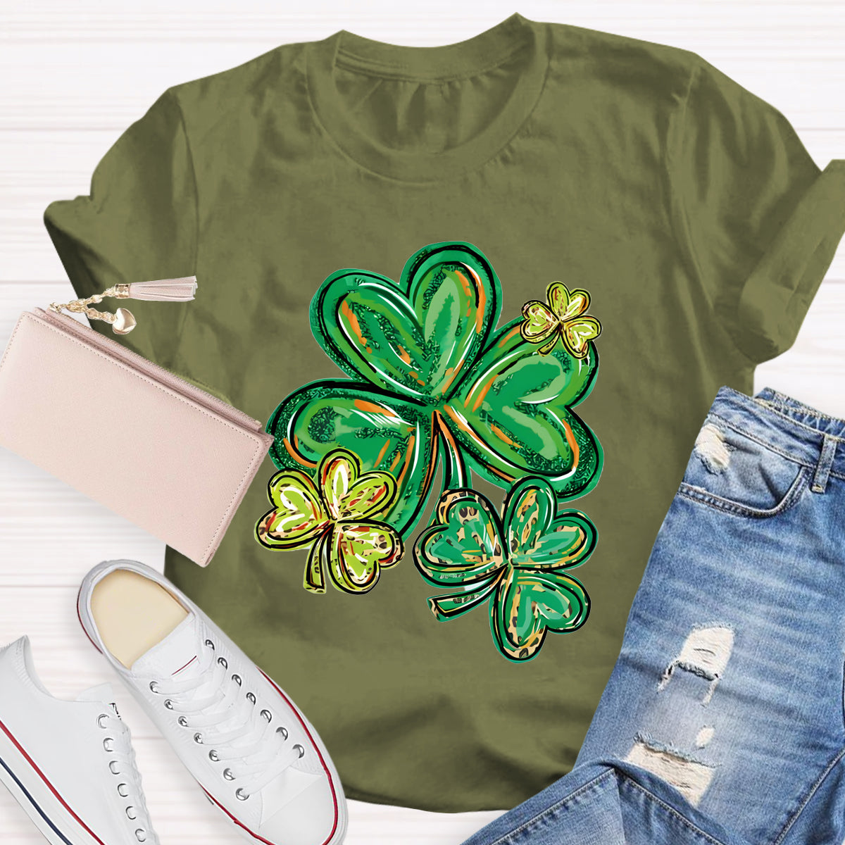 St Patrick's Day Clover Print Teacher T-Shirt