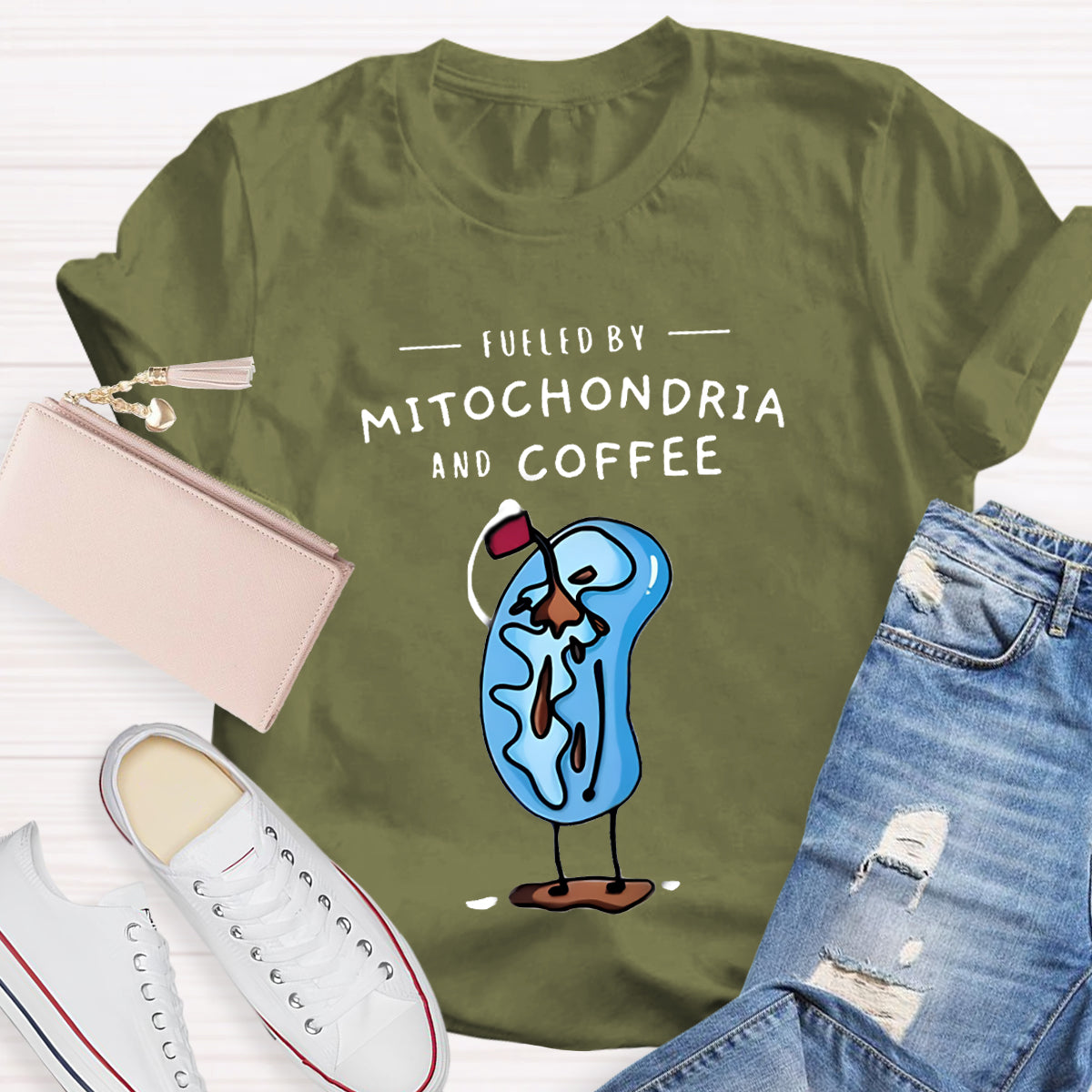 Fueled By Mitochondria And Coffee Funny Science Teacher T-Shirt