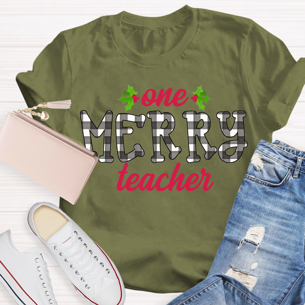 One Merry Teacher Christmas Plaid T-Shirt