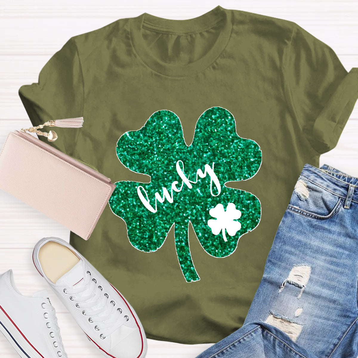 Green Glitter Shamrock Lucky Teacher T-Shirt