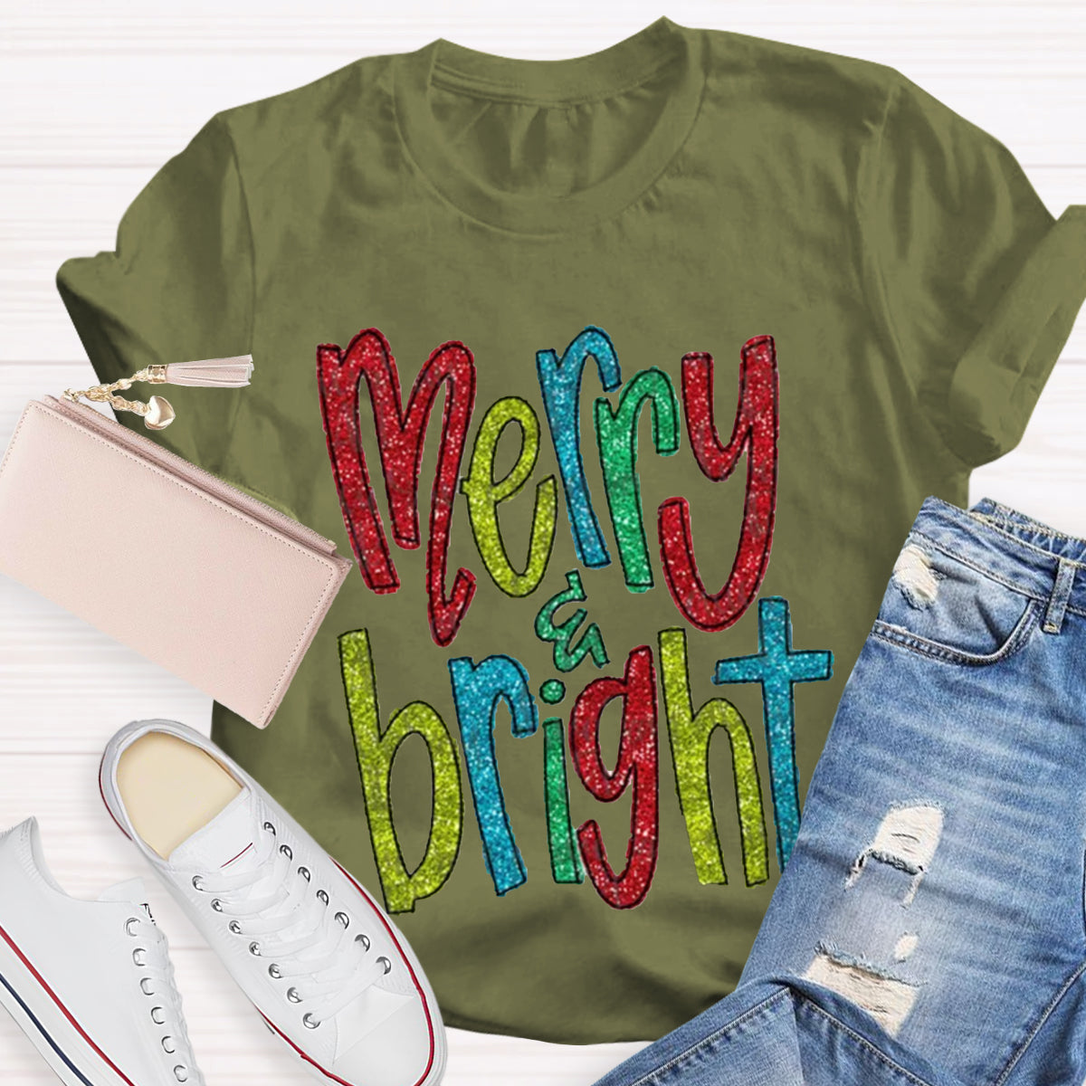 Glitter Merry And Bright Teacher T-Shirt