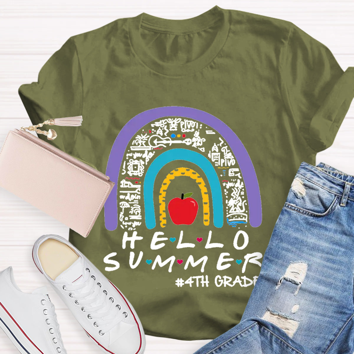 Personalized Grade Hello Summer Apple Rainbow Teacher T-Shirt