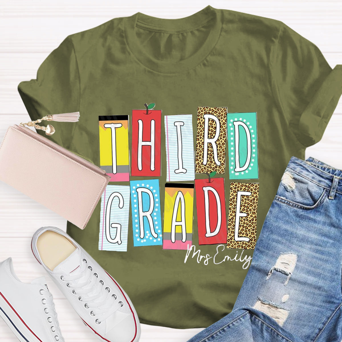 Personalized Grade And Name Leopard Color Block Teacher T-Shirt