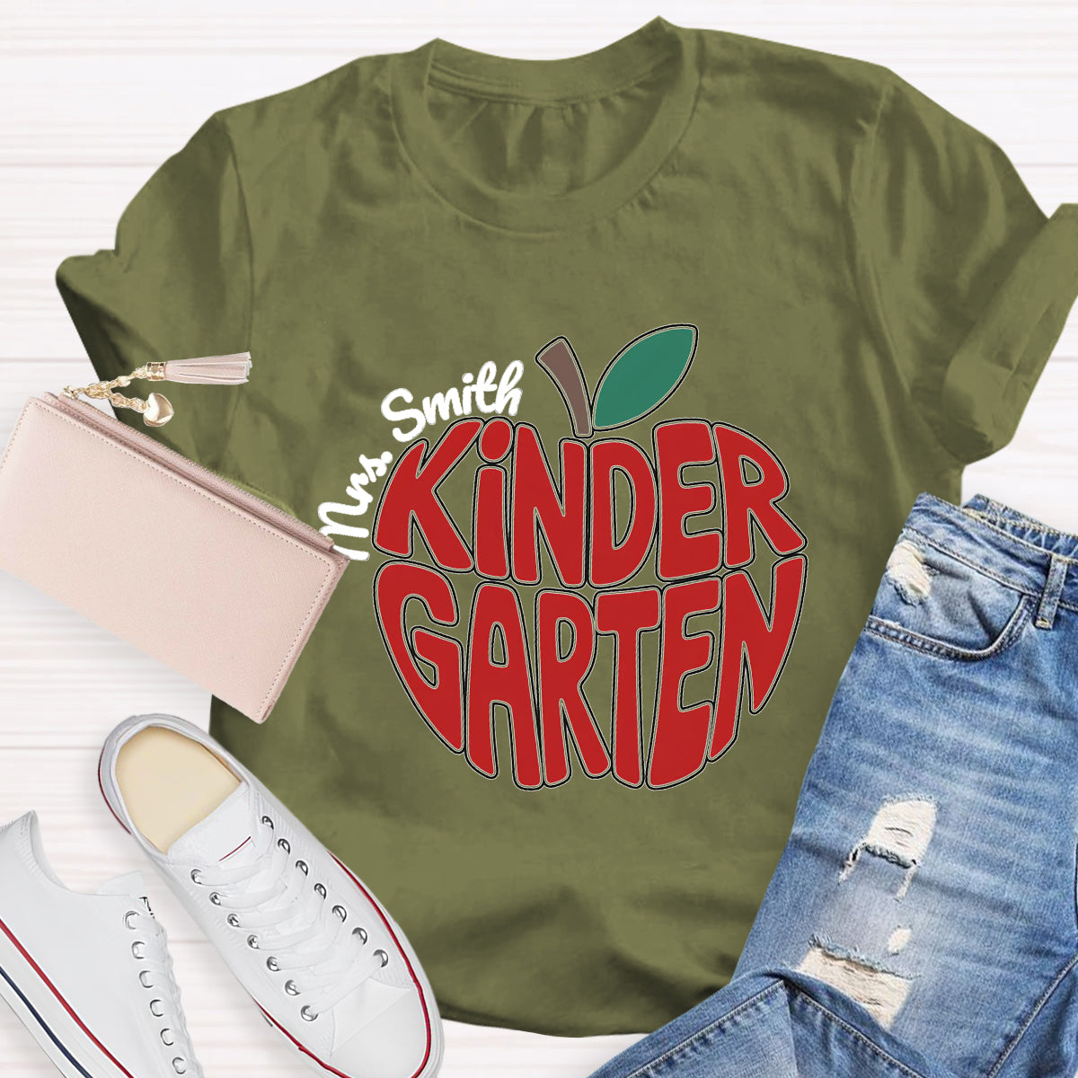Personalized Kinder Garden Teacher Name Red Apple T-Shirt