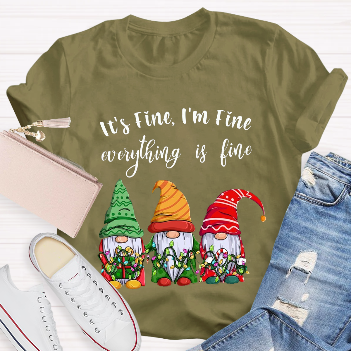 It's Fine I'm Fine Everything Is Fine Gnome Christmas Teacher T-Shirt