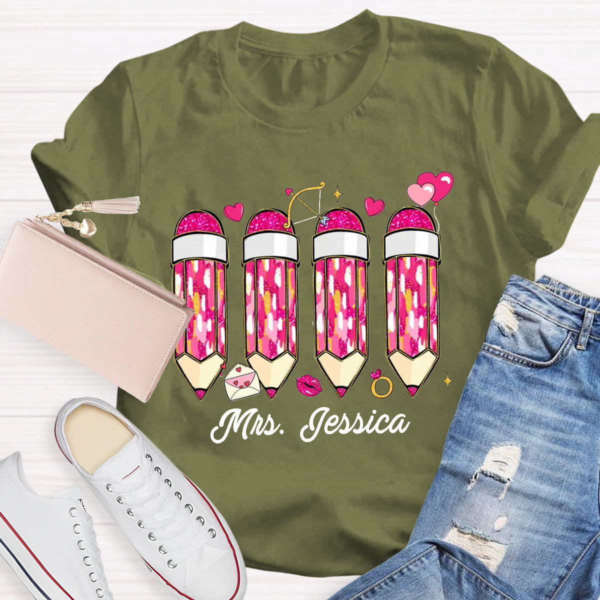 Personalized Name Pink Pencil Teacher T-Shirt