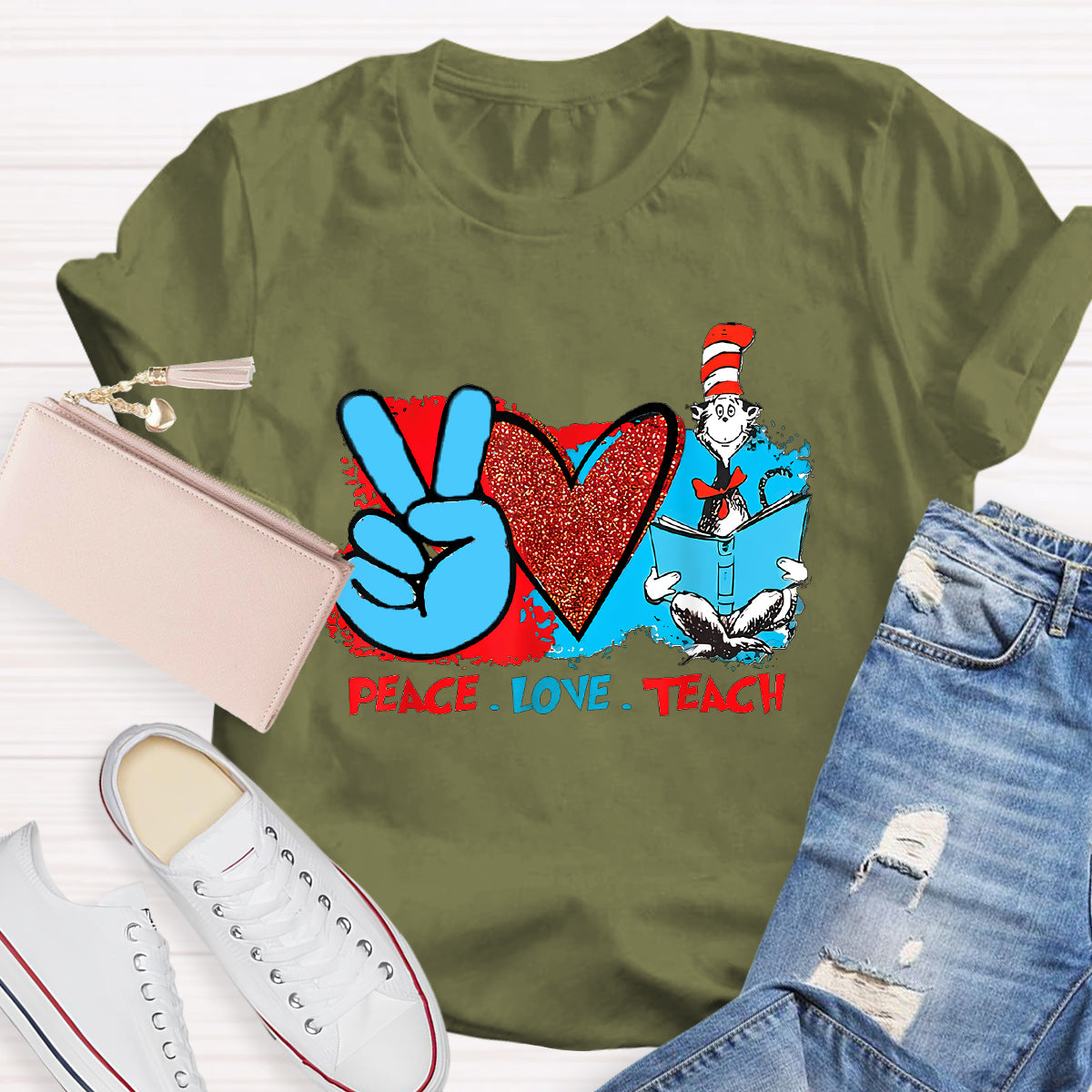 Peace Love Teach Children's Books T-Shirt