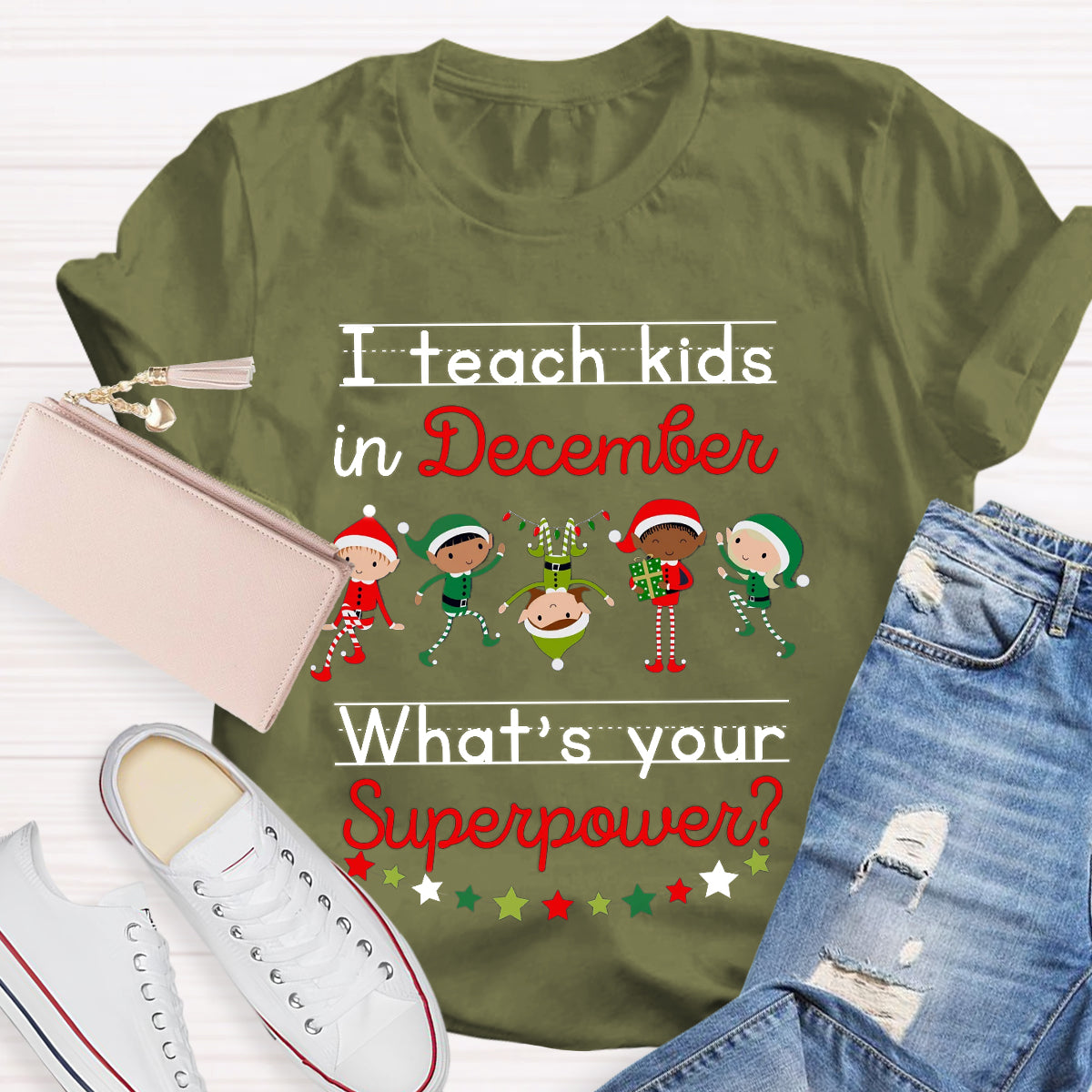 I Teach Kids in December What's Your Superpower Christmas Teacher T-Shirt