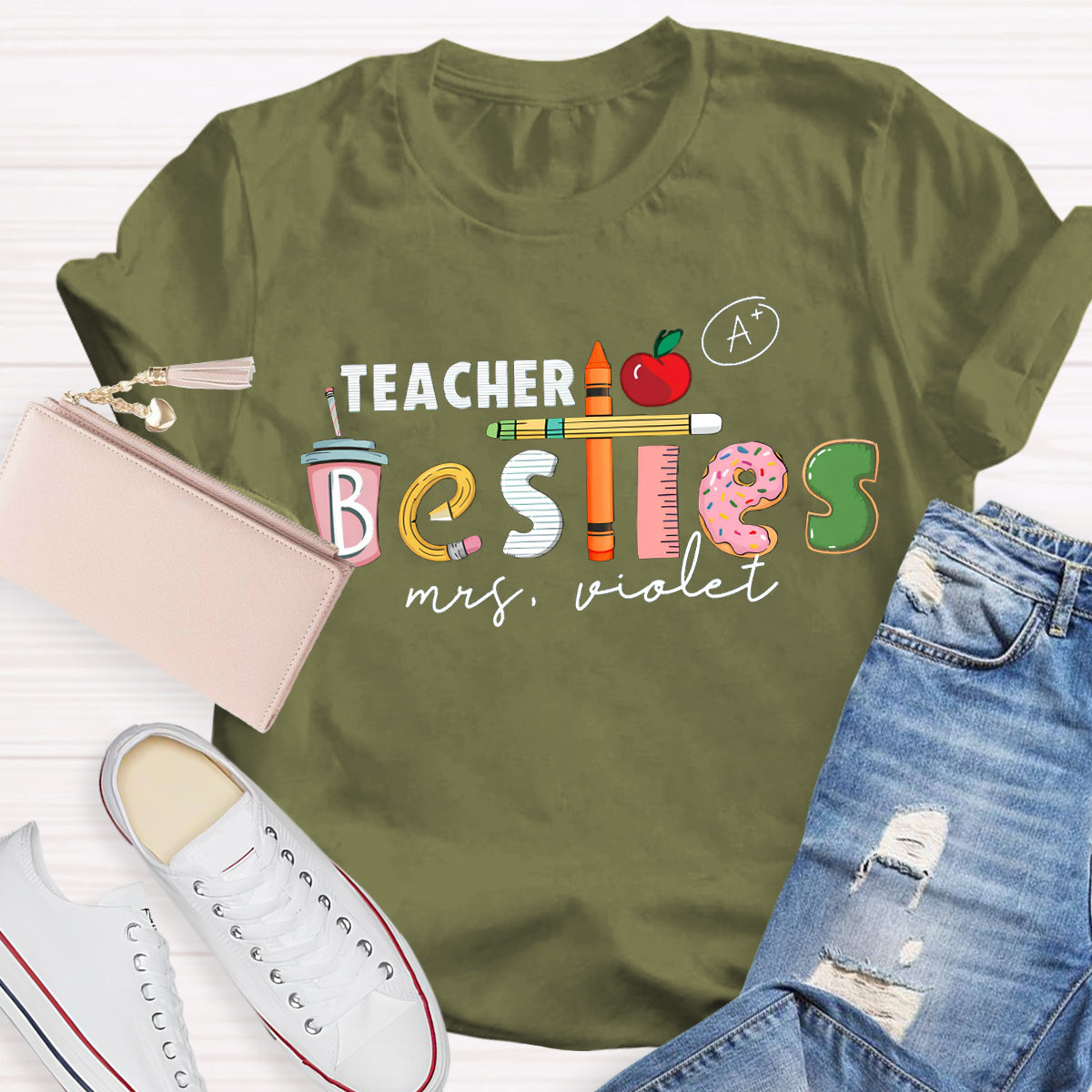 Personalized Name Apple Teacher T-Shirt