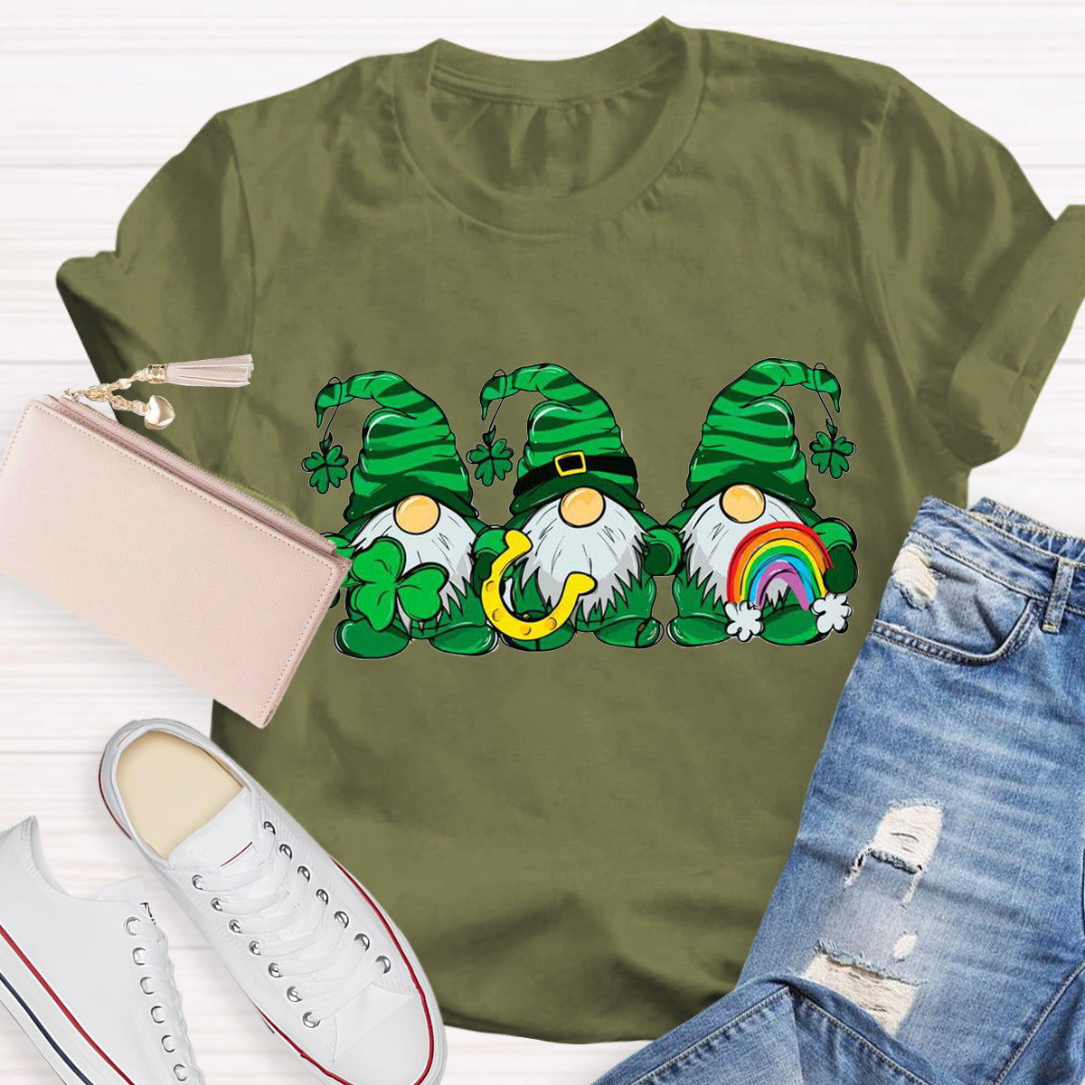 Three St Patricks' Day Gnome With Rainbow T-Shirt