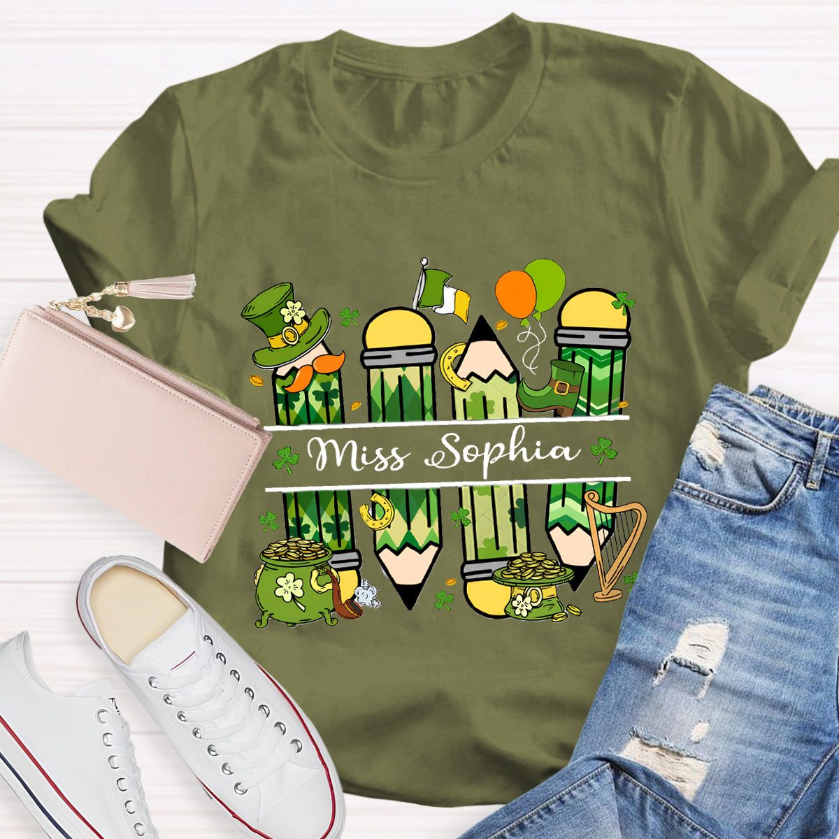 Personalized Name Green Pencil Teacher T-Shirt