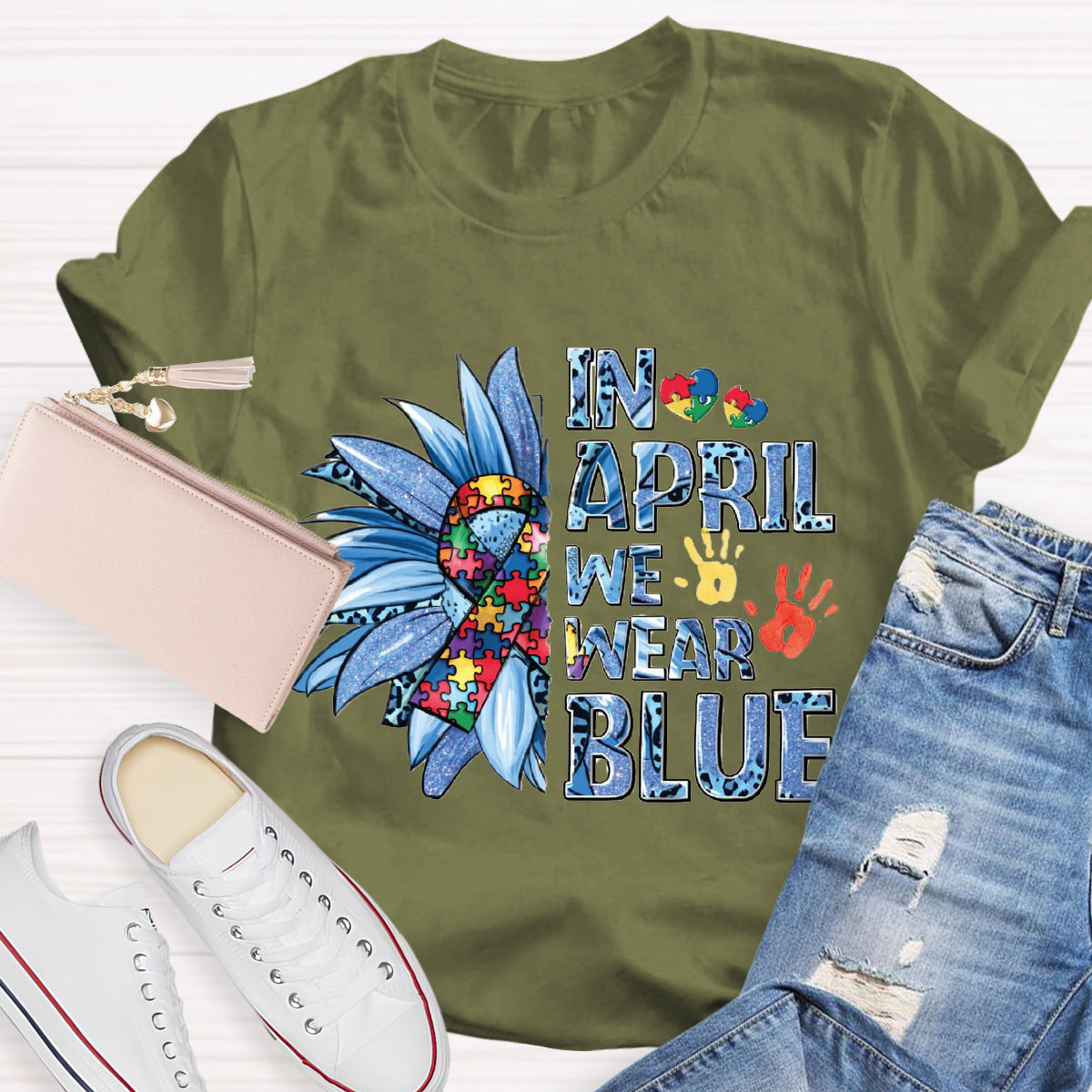 In April We Wear Blue Autism Awareness Puzzle Piece T-Shirt